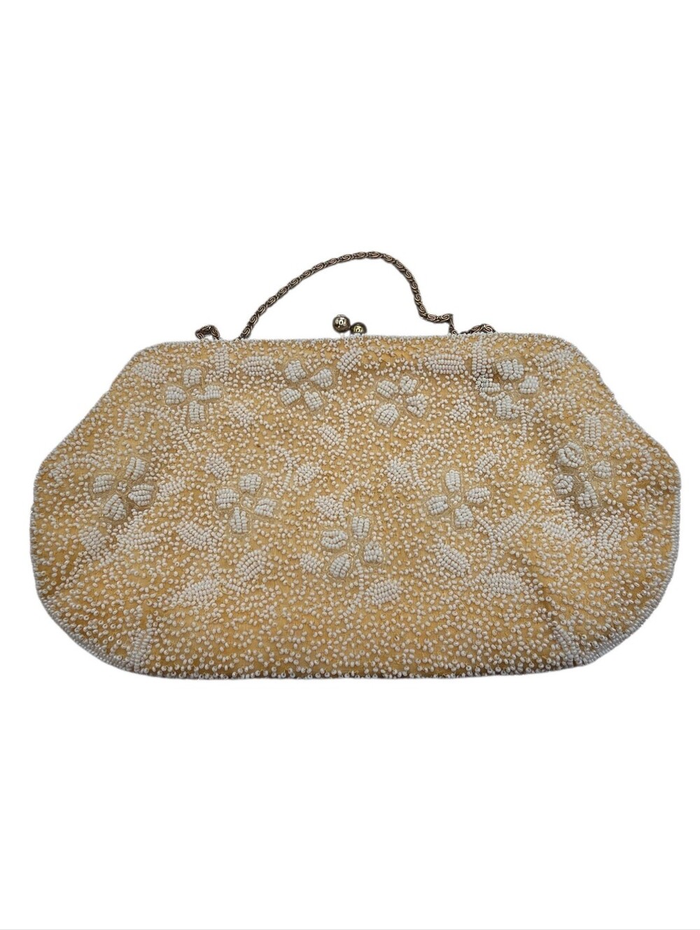 Beaded Floral Clutch Vintage Handbag Handbeaded White Beige Purse